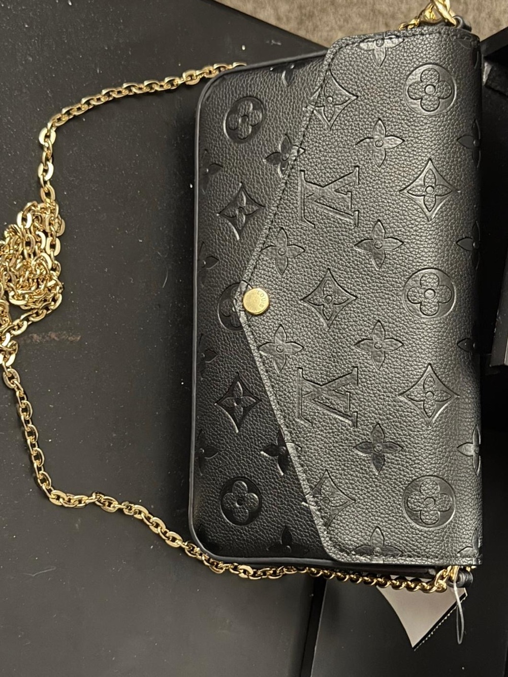 Louis Vuitton Black Embossed Monogram Mini Bag with Gold Chain